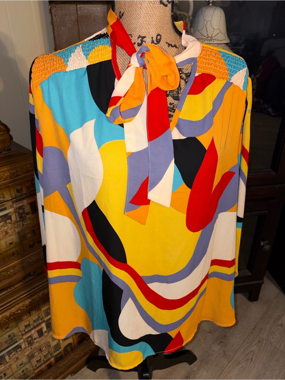 Abstract Tie-Neck Blouse in Yellow Multicolor